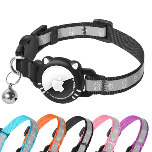 AgoumLux Airtag Katzenhalsband AirTag Halsband Katze Reflektierend mit Sicherheitsverschluss Glocke Katzenhalsbänder mit Airtag Hülle Verstellbar für Katzen, Schwarz, XS(17.5-23 cm) von AgoumLux