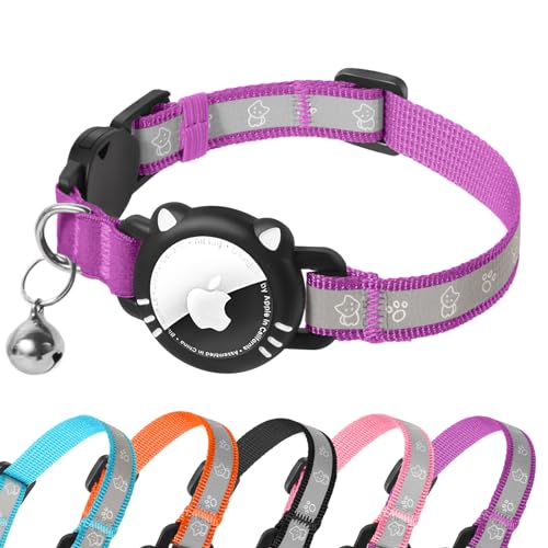 AgoumLux Airtag Katzenhalsband AirTag Halsband Katze Reflektierend mit Sicherheitsverschluss Glocke Katzenhalsbänder mit Airtag Hülle Verstellbar für Katzen, Violett, S(23-33 cm) von AgoumLux