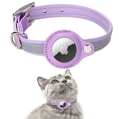 AgoumLux Airtag Katzenhalsband Reflektierend Air Tag Katze Halsband Leder für GPS Tracker Integriertes Verstellbarer Collar, Violett, S von AgoumLux