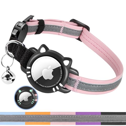 AgoumLux Airtag Katzenhalsband Reflektierend Katze Halsband mit Glocke Verstellbarer Sicherheitsschnalle, Leuchtend Breakaway Mädchen Junge Katzenhalsband, Pink, S(23-33 cm) von AgoumLux