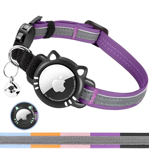 AgoumLux Airtag Katzenhalsband, GPS Tracker Katze Halsband für Apple Air Tag, Reflektierend Katzenhalsband mit Sicherheitsschnalle, Katzenhalsband, Violett, XS(17.5-23 cm) von AgoumLux