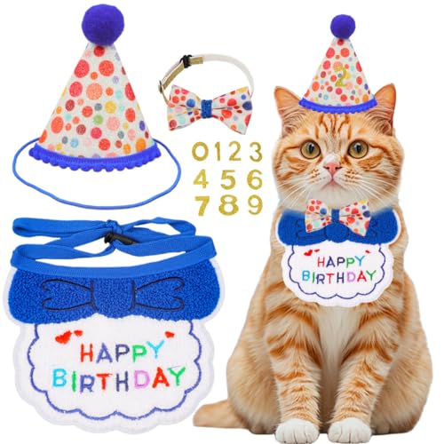 AgoumLux Geburtstagsparty-Zubehör für Katzen, Mädchen, Jungen, Katze, Kätzchen, Geburtstag, Bandana, Hut, Zahlen, Dekorationen, Outfit-Set, Blau AgoumLux Geburtstagsparty-Zubehör für Katzen, Mädchen, Jungen, Katze, Kätzchen, Geburtstag, Bandana, Hut, Zahlen, Dekorationen, Outfit-Set, Blau von AgoumLux
