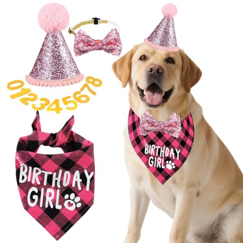 AgoumLux Hunde-Geburtstagsparty-Zubehör, Hunde-Geburtstags-Bandana und Partyhut, Set mit Zahlen, Fliege, Halsband für kleine, mittelgroße und große Haustiere, Rosa, Größe L AgoumLux Hunde-Geburtstagsparty-Zubehör, Hunde-Geburtstags-Bandana und Partyhut, Set mit Zahlen, Fliege, Halsband für kleine, mittelgroße und große Haustiere, Rosa, Größe L von AgoumLux