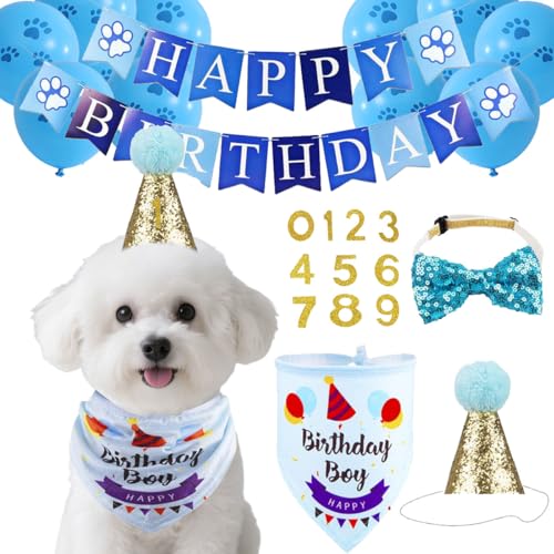 AgoumLux Hunde-Geburtstagsparty-Zubehör, Hunde-Geburtstagshut-Set mit Halstuch, Flagge, Luftballons für kleine, mittelgroße und große Hunde, Blau AgoumLux Hunde-Geburtstagsparty-Zubehör, Hunde-Geburtstagshut-Set mit Halstuch, Flagge, Luftballons für kleine, mittelgroße und große Hunde, Blau von AgoumLux