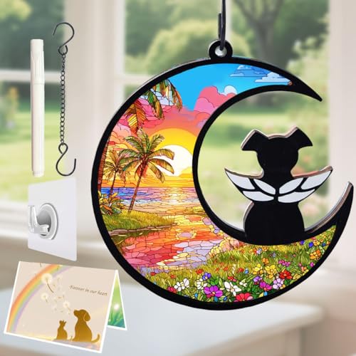 AgoumLux Hundeengel Gedenk-Sonnenfänger mit Regenbogenbrücke, Gedichtkarte, Haustier-Beileidsgeschenke für den Verlust des Hundes, Sonnenuntergang am Meer von AgoumLux