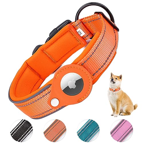 AgoumLux Hundehalsband für AirTag, Apple Airtag Reflektierendes Halsband Hund, Integriertes Air Tag für Kleine Mittelgroße Große Hund, Orange, L von AgoumLux