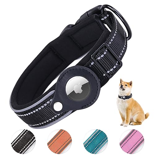 AgoumLux Hundehalsband für AirTag, Apple Airtag Reflektierendes Halsband Hund, Integriertes Air Tag für Kleine Mittelgroße Große Hund, Schwarz, M von AgoumLux