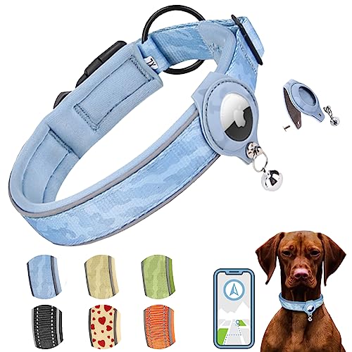 AgoumLux Hundehalsband für Integriertes Apple AirTag Halsband Air Tag GPS Verstellbar Neopren Nylon Reflektierend für Kleine Mittel Große Hunde, Blau, S von AgoumLux