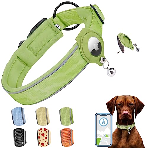 AgoumLux Hundehalsband für Integriertes Apple AirTag Halsband Air Tag GPS Verstellbar Neopren Nylon Reflektierend für Kleine Mittel Große Hunde, Grün, L von AgoumLux