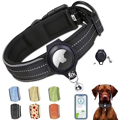 AgoumLux Hundehalsband für Integriertes Apple AirTag Halsband Air Tag GPS Verstellbar Neopren Nylon Reflektierend für Kleine Mittel Große Hunde, Schwarz, L von AgoumLux