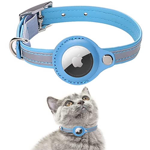 AgoumLux Airtag Katzenhalsband Reflektierend Air Tag Katze Halsband Leder für GPS Tracker Integriertes Verstellbarer Collar, Blau, M von AgoumLux