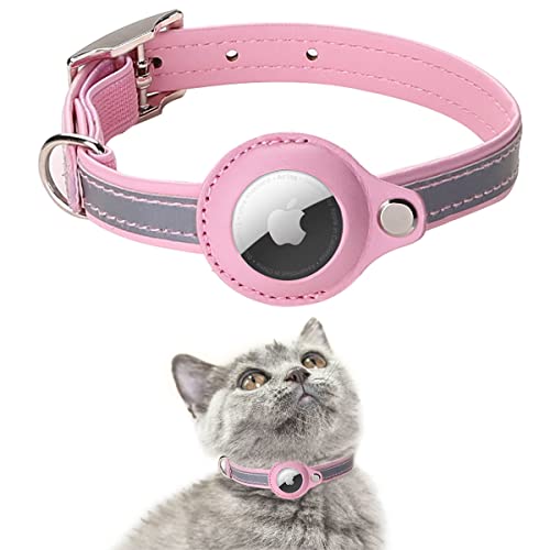 AgoumLux Airtag Katzenhalsband Reflektierend Air Tag Katze Halsband Leder für GPS Tracker Integriertes Verstellbarer Collar, Pink, M von AgoumLux