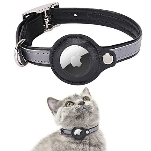 AgoumLux Airtag Katzenhalsband Reflektierend Air Tag Katze Halsband Leder für GPS Tracker Integriertes Verstellbarer Collar, Schwarz, M von AgoumLux