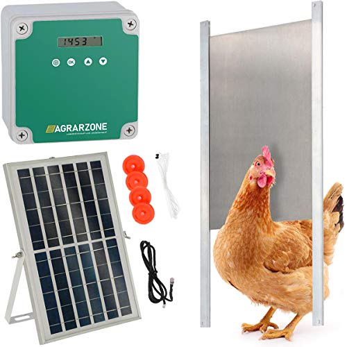 Agrarzone AUTOMATISCHE HÜHNERKLAPPE SOLAR Batterie - Hühnertür 22 x 33 cm mit Timer, Manuell, Lichtsensor - Elektrische Hühnerklappe Automatisch - Türöffner für Hühnerstall Chicken Run von Agrarzone