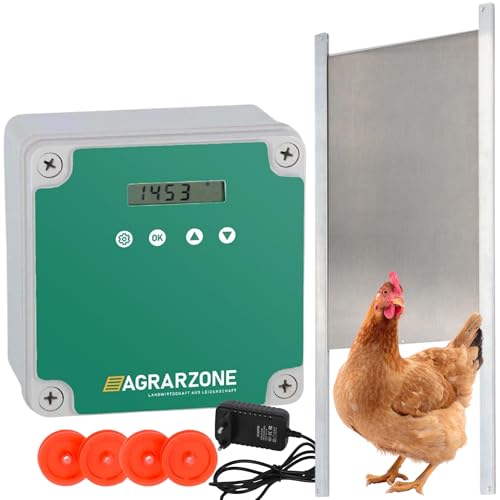 Agrarzone AUTOMATISCHE HÜHNERKLAPPE Batterie - Hühnertür 22 x 33 cm mit Timer, Manuell, Lichtsensor - Elektrische Hühnerklappe Automatisch - Türöffner für Hühnerstall Chicken Run von Agrarzone