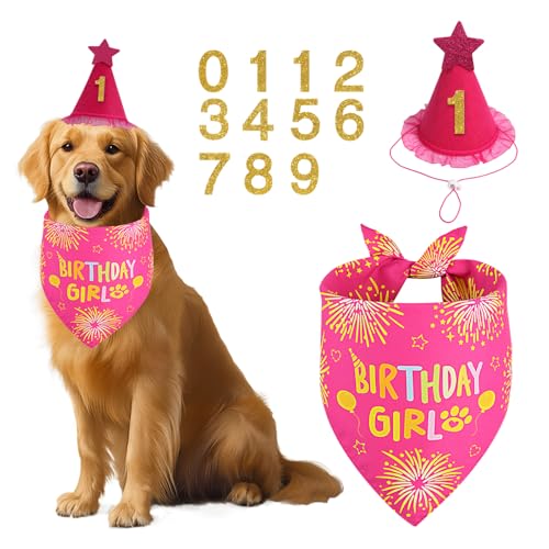 Agroon Hunde-Geburtstags-Halstuch-Set, Rosenrosa, Hunde-Geburtstagsparty-Zubehör mit Hut, Bandana, Zahlen für kleine Mädchen, Haustiere, Welpen von Agroon