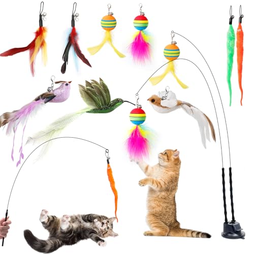 AiQInu 12 Stück Katzenspielzeug Interaktive, Katzen Katzenangel mit 2 Saugnäpfen, Glöckchen Vögeln Feder Raupe Katzen Spielzeug, Intelligenz Spielzeug für Katzen Zauberstab von AiQInu