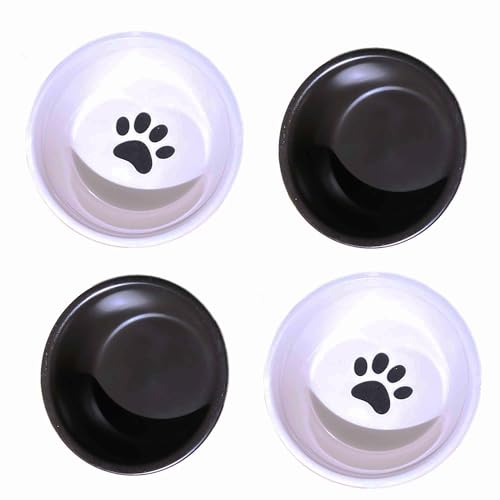 Runder Keramik-Katzennapf-Set, 4, Katzenfutter- oder Wassernapf, Anti-Erbrechen, stressfrei, für Katzen und kleine Hunde, Schwarz-Weiß (200 ml) von AiXception