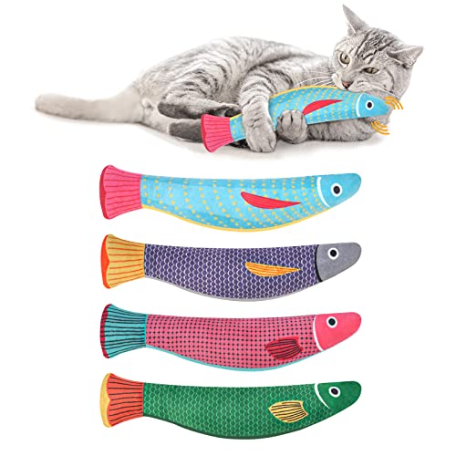 Aibuddy Katzenminze-Spielzeug, 4 Stück Fisch Katzenspielzeug mit Katzenminze, bissfestes Katzenminze-Spielzeug mit Glocke innen, Plüsch-Cartoon-Kätzchen-Zahnen, interaktives Spielzeug von Aibuddy