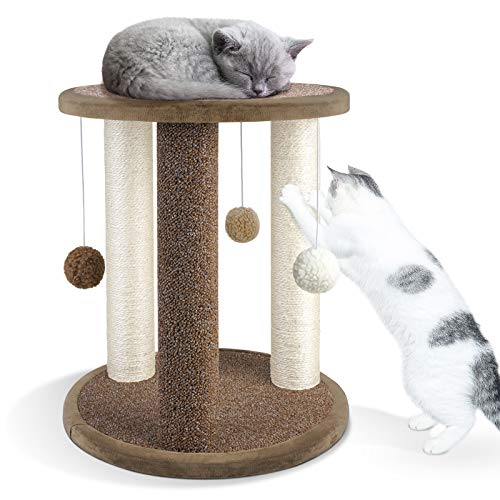 Aibuddy Kratzbaum für Katzen, Kratzbaum mit 3 Kratzstämmen, Teppichboden und Sitzstange (interaktives Katzenspielzeug, baumelnder Ball, einfach zu montieren, 40 x 40 x 47 cm) von Aibuddy