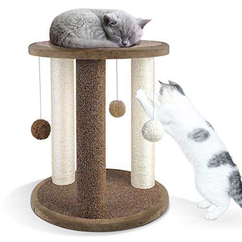 Aibuddy Katzenkratzbaum, Kratzturm mit 3 Kratzstämmen, Teppichboden, Spielplatz und Sitzstange (interaktives Katzenspielzeug, baumelnder Ball, einfach zu montieren, 40 x 40 x 47 cm) von Aibuddy