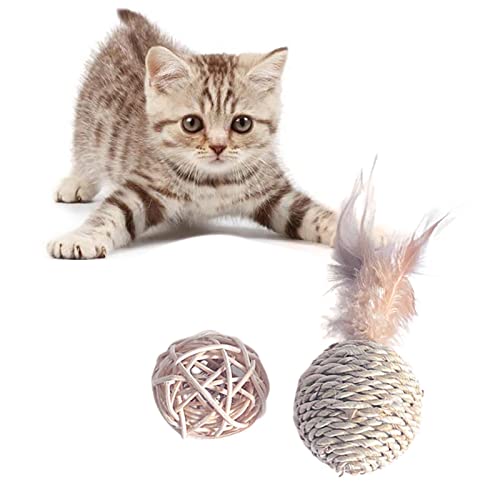 Aibyks Interaktiver Katzenspielzeugball | Pet Rattan Bälle mit Federn | Interaktive Spielzeugbälle für Katzen, langlebiges und leichtes Haustier-Spielzeugset für Katzen, Kätzchen, Welpen, Hunde von Aibyks
