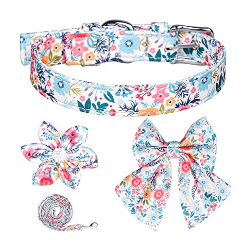 Hundehalsband und Leine, Set für kleine und mittelgroße Hunde, verstellbar, niedliches Welpenhalsband, inklusive Dornschnalle, abnehmbare Fliege und Blume, Leine, Hündinnen zum Spazierengehen, Hundehalsband und Leine, Set für kleine und mittelgroße Hunde, verstellbar, niedliches Welpenhalsband, inklusive Dornschnalle, abnehmbare Fliege und Blume, Leine, Hündinnen zum Spazierengehen, von AiduduPet