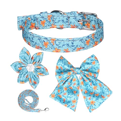 Hundehalsband und Leine, Set mit Blumenfliege, verstellbar, niedliches Welpenhalsband mit Dornschnalle, abnehmbare Fliege und Blume, Leine, Hündinnen zum Spazierengehen, Größe M, Blau Hundehalsband und Leine, Set mit Blumenfliege, verstellbar, niedliches Welpenhalsband mit Dornschnalle, abnehmbare Fliege und Blume, Leine, Hündinnen zum Spazierengehen, Größe M, Blau von AiduduPet