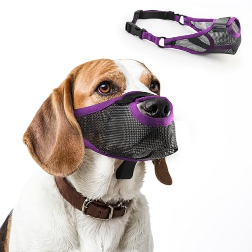 Maulkorb für kleine, mittelgroße und große Hunde, verstellbarer Korbmaulkorb für Hunde, ermöglicht Hecheln und Trinken, atmungsaktiver weicher Netzmaulkorb gegen Beißen, Bellen und Lecken, Lila, L von Aiieim