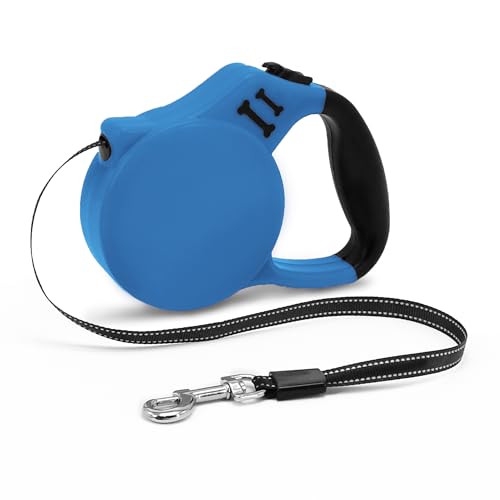 AIITLE 5 m ausziehbare Hundeleine mit 360° verwicklungsfreiem Nylonband, EIN-Knopf-Verriegelung, Anti-Rutsch-Griff – Entwickelt für Boston Terrier, Malteser, Pudel unter 15 kg, Blau von Aiitle