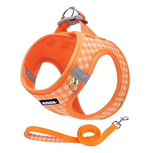 AIITLE Hundegeschirr für kleine Hunde mit Leine, weiches, atmungsaktives Netzgewebe, Karomuster und reflektierende Streifen, ideal für Training, Laufen und Partyausflüge (S, Orange) von Aiitle