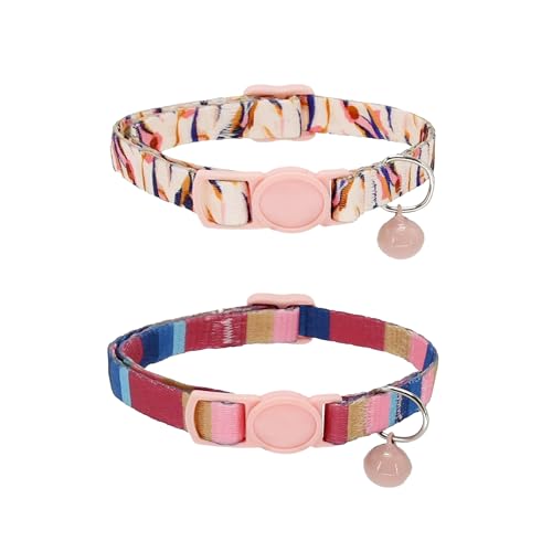 AIITLE Katzenhalsband, 2 Stück, mit Glöckchen, Sicherheitsschnalle und verstellbarer Passform (17,8–30 cm) – ideal für festliche Anlässe, Camping und den täglichen Gebrauch, Rosa von Aiitle