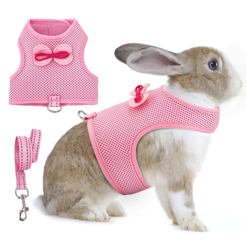 AIITLE Verstellbares Kaninchengeschirr mit süßer Schleife – atmungsaktive Weste, Anti-Flucht-Schnallen, reflektierende Leine – passend für Kaninchen, Hamster, Mini-Haustiere, Rosa, L von Aiitle