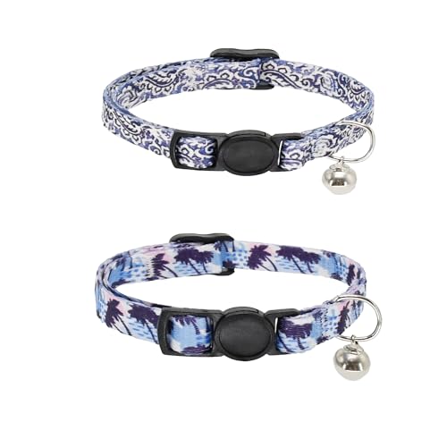 AIITLE Verstellbares Katzenhalsband, abnehmbare Sicherheitsschnalle und leichtes Design für den Innen- und Außenbereich, Kokosnussbaum-Druck, Violett, 2 Stück von Aiitle