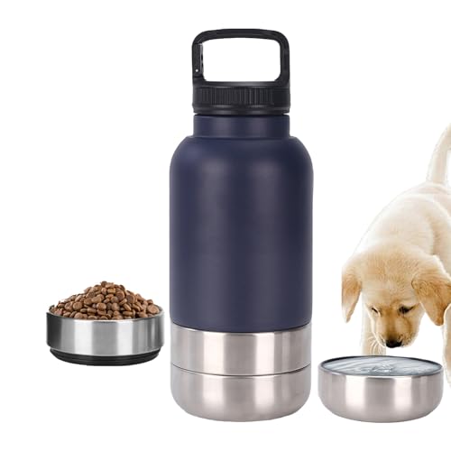 Ailan 3-in-1 Hundetrinkflasche aus Edelstahl und 2 integrierten Näpfen, auslaufsicherer, tragbarer Wasserspender für unterwegs, beim Wandern, Camping und für Outdoor Reisen (Dunkelblau, Groß) von Ailan
