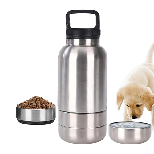 Ailan 3-in-1 Hundetrinkflasche aus Edelstahl und 2 integrierten Näpfen, auslaufsicherer, tragbarer Wasserspender für unterwegs, beim Wandern, Camping und für Outdoor Reisen (Silber, Groß) von Ailan