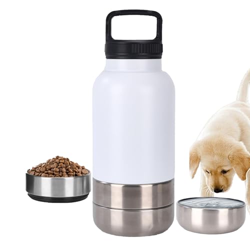Ailan 3-in-1 Hundetrinkflasche aus Edelstahl und 2 integrierten Näpfen, auslaufsicherer, tragbarer Wasserspender für unterwegs, beim Wandern, Camping und für Outdoor Reisen (Weiß, Groß) von Ailan