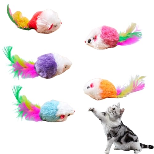 Ailan 5 Stück Mausplüschkatze Spielzeug, interaktives Maus -Katzenspielzeug mit farbenfrohen Federn und Glocken, farbenfrohe Ratten für Kätzchenkatze Haustier im Innenräumen (Farbige Mäuse) von Ailan