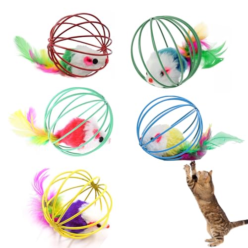 Ailan 5 Stück Mausplüschkatze Spielzeug, interaktives Maus -Katzenspielzeug mit farbenfrohen Federn und Glocken, farbenfrohe Ratten für Kätzchenkatze Haustier im Innenräumen (Käfigmäuse) von Ailan
