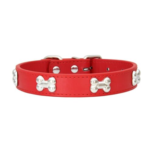 Ailan Haustierhalsband mit knochenförmigem, langlebigem, verstellbarem PU Schnallen Design, knochenförmiges Hundehalsband, Halsband für Hunde, Rot, L von Ailan
