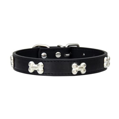Ailan Haustierhalsband mit knochenförmigem, langlebigem, verstellbarem PU Schnallen Design, knochenförmiges Hundehalsband, Halsband für Hunde, Schwarz, M von Ailan