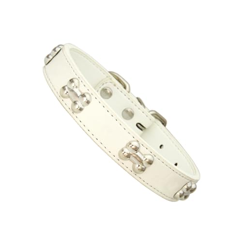 Ailan Haustierhalsband mit knochenförmigem, langlebigem, verstellbarem PU Schnallen Design, knochenförmiges Hundehalsband, Halsband für Hunde, Weiß, L von Ailan