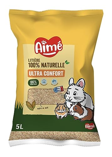 Aimé | Kleintierstreu | Streu Biologisch abbaubare | Saugfähige Maisflocken | Kaninchen, Meerschweinchen, Hamster, Mäuse, Meerschweinchen | Bis zu 3 Wochen verwendbar | Bis zu 3 Wochen verwendbar | 5L von Aime