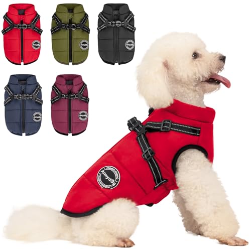 Aimydog Hundemantel Winter, Wärme Hundejacke Mit Brustgurt Gurt Winddichte mit bauchschutz, Haustier Outdoor Reflektierend Hundeweste mit Fleece Gefütterte für Kleine (Rot, S) von Aimydog