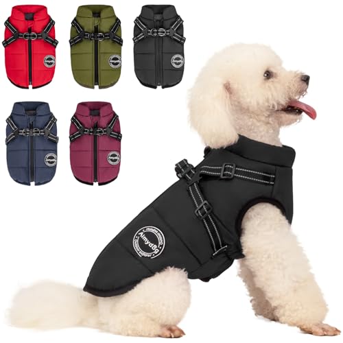 Aimydog Hundemantel Winter, Wärme Hundejacke Mit Brustgurt Gurt Winddichte mit bauchschutz, Haustier Outdoor Reflektierend Hundeweste mit Fleece Gefütterte für Kleine (Schwarz, XS) von Aimydog