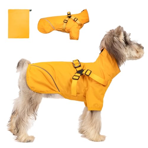 Hunde-Regenmantel für kleine und mittelgroße Hunde, wasserdichte Hunderegenjacke mit integriertem Geschirr für nasses Wetter, leicht zu tragen, reflektierend, Gelb, XXL von Aimydog