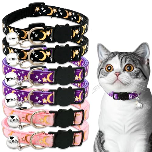 Katzenhalsband, verstellbar, mit Mond und Sternen, langlebig und stilvoll, mit Glocke für Klang, mehrfarbig, für Katzen, Hunde, Kätzchen, Welpen, 6 Stück Katzenhalsband, verstellbar, mit Mond und Sternen, langlebig und stilvoll, mit Glocke für Klang, mehrfarbig, für Katzen, Hunde, Kätzchen, Welpen, 6 Stück von Ainvhh
