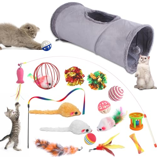 Aipwerer 17 Stück Katzenspielzeug Set,Katzen Spielzeug Kitten,Katzentunnel Interaktives für Kätzchen Federspielzeug Katzenbälle Spielzeugmäuse,Katze Zubehör Cat Toys (17 Set-Grau) von Aipwerer
