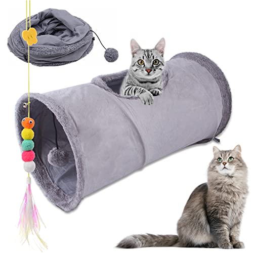 Faltbar Katzentunnel Katzenspielzeug mit Ball Spieltunnel Knisternder Rascheltunnel Aus Wildleder für Alle Katzen Kaninchen Welpen und Kleine Tiere,Mit Hängendem Lustiger Katzenstock(Grau) von Aipwerer