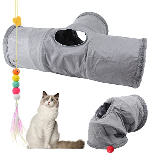 Faltbar Katzentunnel Katzenspielzeug mit Ball Spieltunnel Knisternder Rascheltunnel Aus Wildleder für Alle Katzen Kaninchen Welpen und Kleine Tiere, Mit Hängendem Lustiger Katzenstock von Aipwerer